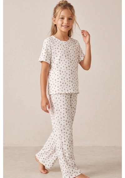 Siyah İnci Pamuklu Fitilli Kaşkorse Örme Pijama Takım 26120402 Ekru