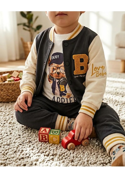 Erkek Çocuk Bayramlık 3 Lü Takım Kolej Ceketli Baskılı Sweatshirt Ve Eşofman Alt Siyah