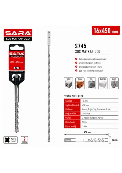 Sara S745 Sds Plus Matkap Ucu 16 X 450 Mm, 2 Kesicili Tungsten Karbür Uçlu