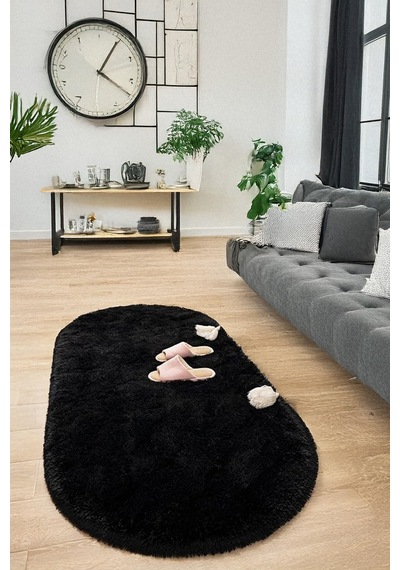 Siyah Oval Post Halı Kesme Yolluk Peluş Yumuşak Kaymaz Dot Taban