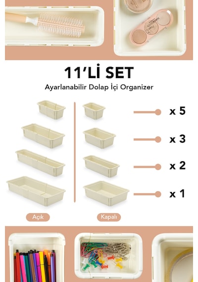 11'li Uzayan Dolap İçi Düzenleyici - Çok Amaçlı Banyo Mutfak Ofis Çekmece İçi Organizer Set Krem