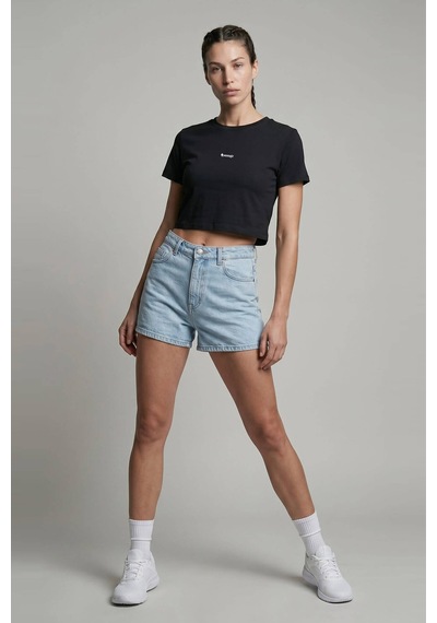 Woneagle Waneagle Kadın Siyah Bisiklet Yaka Logolu Sportif Crop Tişört Siyah Siyah