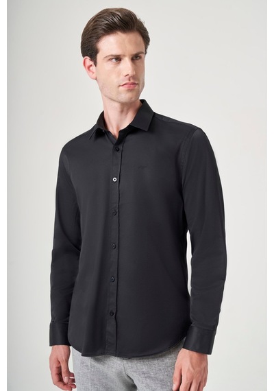 İmza Siyah Sert Yaka Uzun Kol Cepsiz Slim Fit Pamuklu Gömlek 1004260213