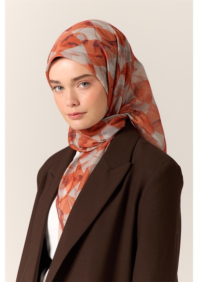 Silk Home İnce Pamuk Soft Eşarp Turuncu-mürdüm Desenli Kaymaz Dokulu Tok Duruşlu 90x90 Çok Renkli