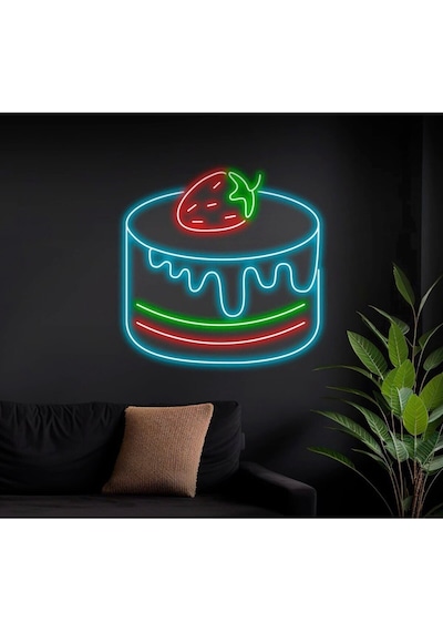 Çilekli Pasta Figürlü Neon Tabela Turkuaz