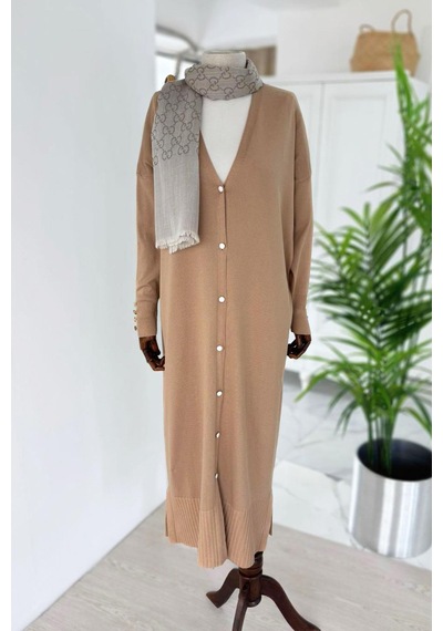 Kahijab Maxi Boy Düğmeli Merserize Hırka - Sütlü Kahve
