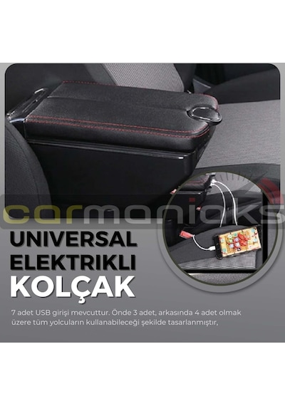 Oto Kolçak Kol Dayama Çift Açılır 7 USB Girişli Tüm Araçlara Uyumlu Kolçak Kırmızı Dikişli Siyah