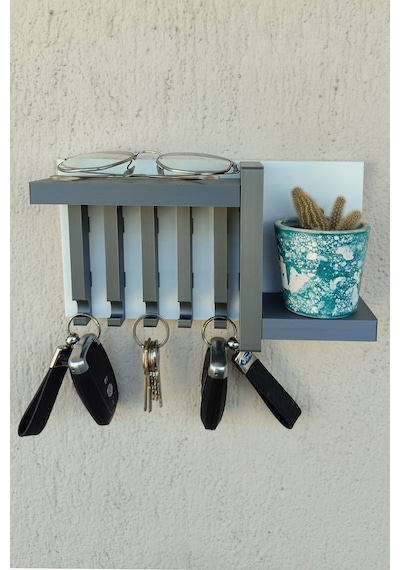 Gri Anahtarlık Askısı 13 X 24 Cm Duvar Süsü Plastik Duvara Yapışt Beyaz