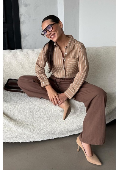 Madmext Camel Çizgili Cepli Kadın Gömlek Mg2345 Camel