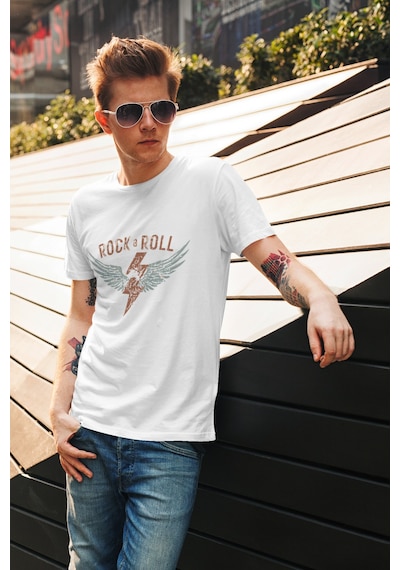 Rock And Roll Rock Müzik Kanat Baskılı Regular Fit %100 Pamuk Beyaz T-shirt Beyaz