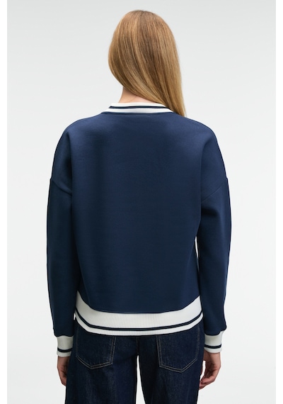 Grımelange VALLUNE Kadın Kontrast Triko Etek Ucu Manşet Ve Yakalı Nakış Crop Lacivert Sweatshirt