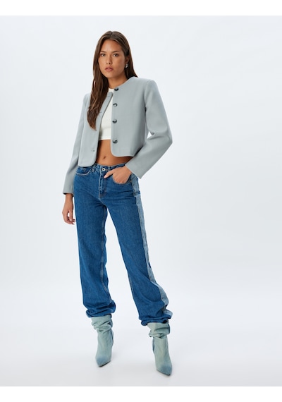 Koton Crop Ceket Yakasız Düğmeli Slim Fit Uzun Kollu Mavi 5wak20261ew Mavi