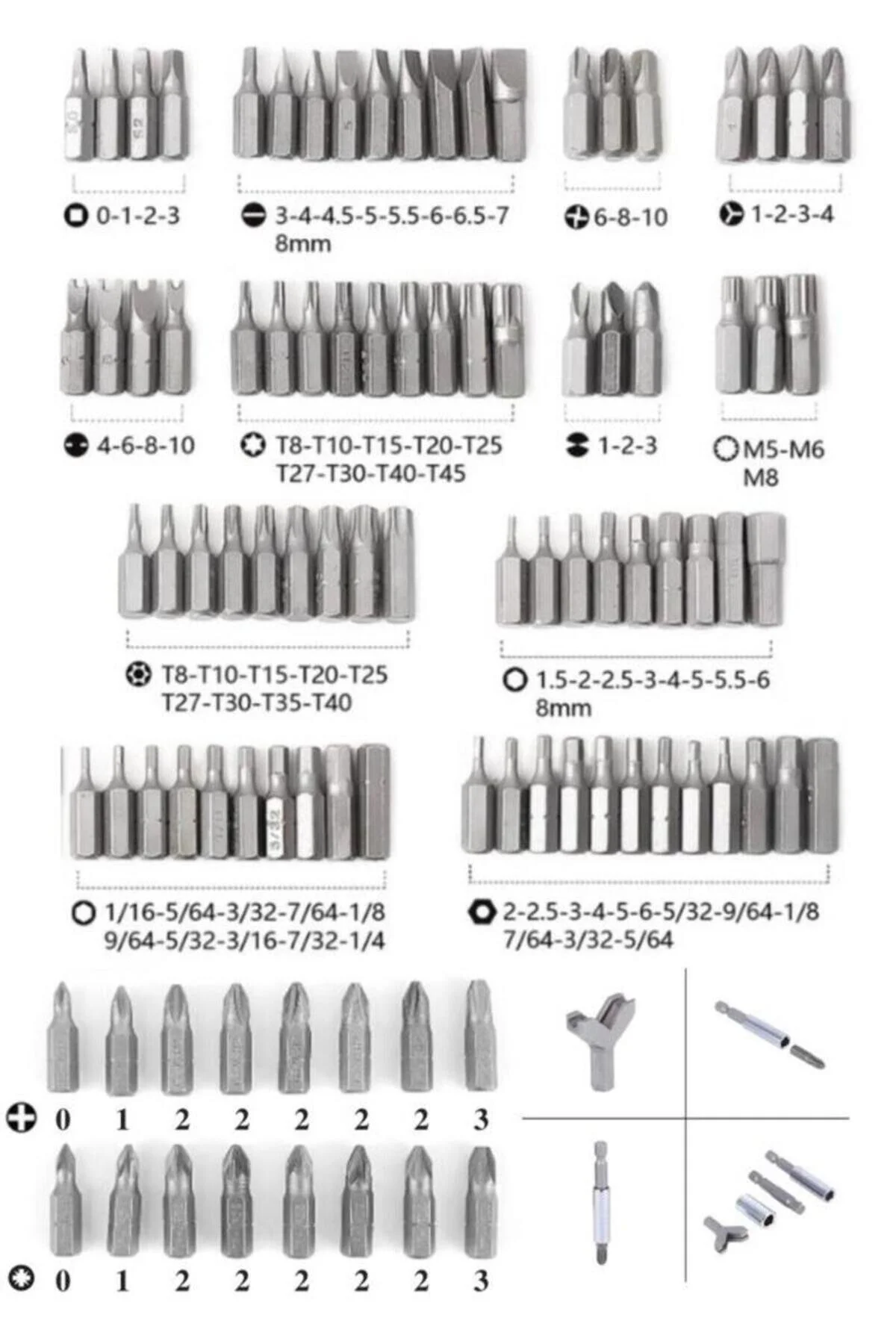 100 Parça Cr-v Çelik Bits Uç Seti Torx Hex Düz Yıldız Y Model Delikli Uçlar