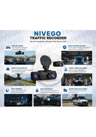 Nıvego Çift Kameralı Araç İçi Kamera Full Hd 1080p, Wifi, Gece Görüş, 180 Geniş Açı, G-sensör, 64gb Destekli Dash Cam