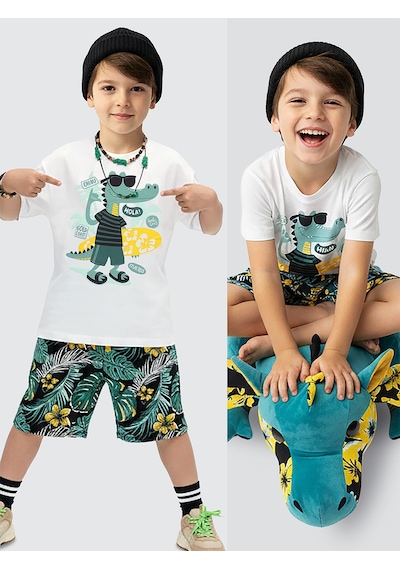 Erkek Çocuk Takım Timsah Hawaii Baskılı T-Shirt Şort İkili Takım Yazlık 2-8 Yaş