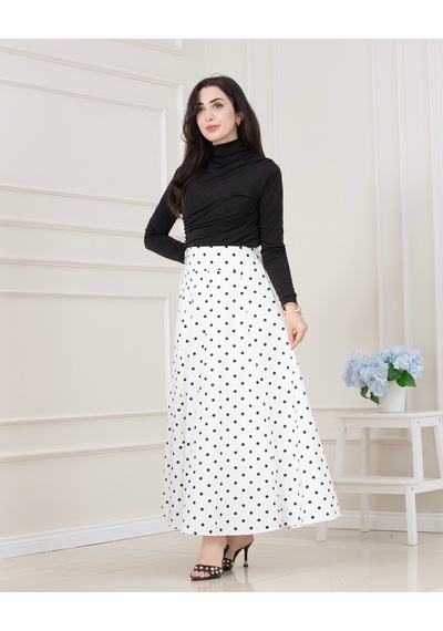 Sevitli Puantiyeli Maxi Etek-beyaz-5717