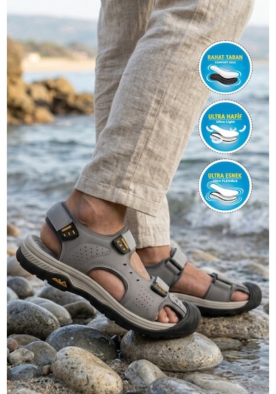 Voyager Erkek Outdoor Trekking Sandalet Kapalı Burun Cırtlı Günlük Yürüyüş Gri E337 M