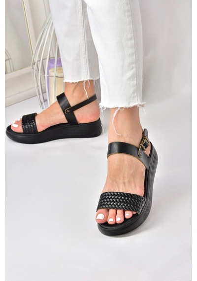 Fox Shoes Siyah Hakiki Deri Örgü Modelli Günlük Kadın Sandalet M291053603 Siyah