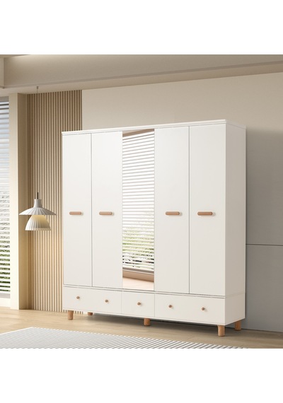 Nice 5 Kapaklı %100 Mdf Elbise Dolabı Gardrop 192x54x212 Ekru