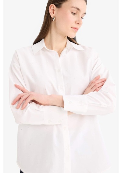 DeFacto Relax Fit Basic Düz Poplin Uzun Kollu Tesettür Gömlek Tunik E7977AX25SMWT34
