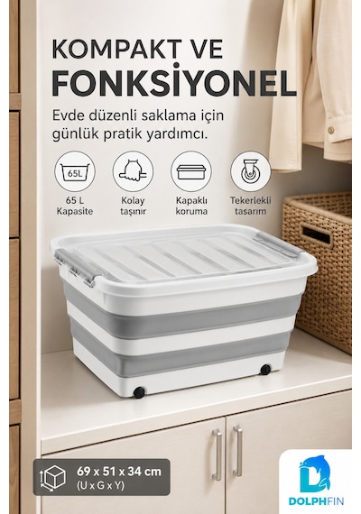 65 Lt Tekerlekli Katlanabilir Saklama Kabı Kapaklı Ev Kiler Erzak Ve Düzenleme Kutusu Beyaz - Gri