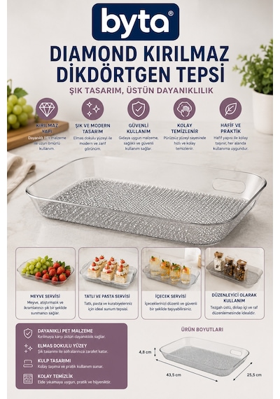 Diamond Kırılmaz Dikdörtgen Sunum Tepsisi Şeffaf Pet Servis Ve İkram Tepsisi Şeffaf