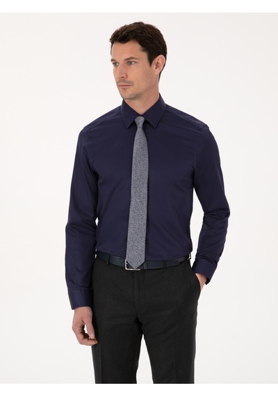 Cacharel Lacivert Slim Fit %100 Pamuk Non Iron Kolay Ütülenebilir Klasik Gömlek