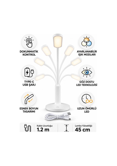 Şarjlı Dokunmatik Led Masa Lambası Type-c Esnek Boyunlu Ayarlanabilir Işık Modlu 45 Cm Beyaz