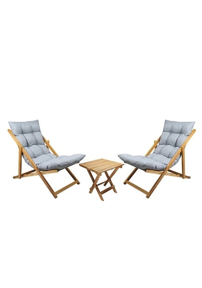 Reyo Bysay Ahşap Katlanabilir Taşınır Puf Minderli Şezlong Balkon Sandalyesi Takımı 3 Lü Set Gri