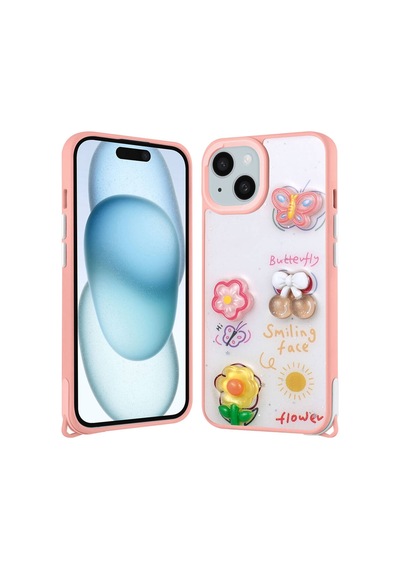 Zore İphone 15 Plus Kılıf Parlayan Sıvılı Simli Kabartma Figürlü Ogaa Cevze Kapak-pembe