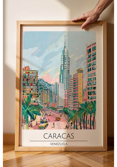 Venezuela Caracas Temalı Çerçeveli Tablo Travel Serisi Modern İllüstrasyon Şehir Duvar Dekoru Kayın