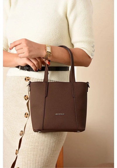 Just Polo Orijinal Kadın Orta Boy Ayarlanabilir Askılı Lüks El Ve Omuz Çantası Shoulder Bag Kahverengi
