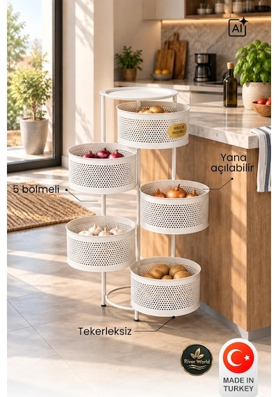 River World Tekerleksiz Rengi Beyaz Açılabilen 5 Katlı Çok Amaçlı Metal Raf Mutfak, Balkon, Kiler Çok Renkli