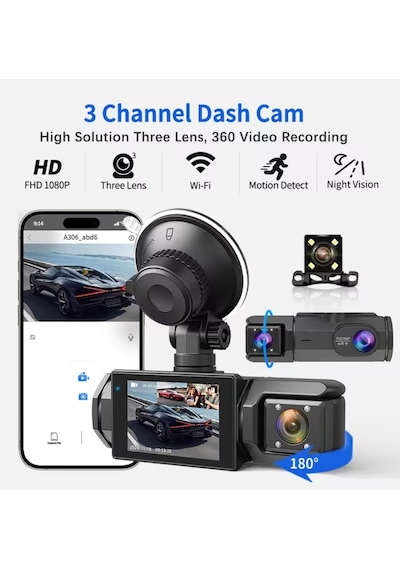 3 Kameralı 1080p Hd Araç İçi Kayıt Cihazı Gece Görüş, Geri Görüş, Lcd Ekran, G-sensör, Lcd Ekran
