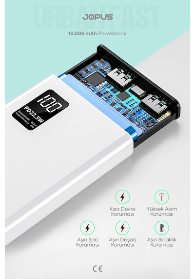 Jopus 10000mah Powerbank Pd 22.5w Hızlı Şarj - Dijital Ekranlı - Taşınabilir Şarj Cihazı Beyaz