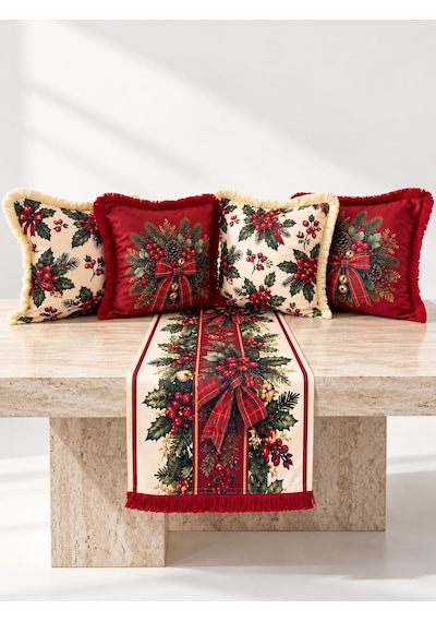 Missidea Christmas Berry 4'lü Kırlent Ve Runner Dekorasyon Seti Kırmızı