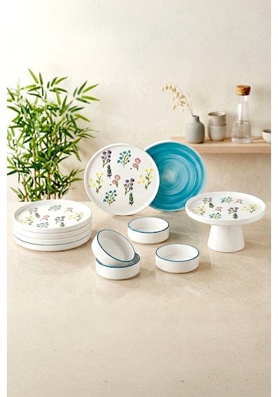 11 Parça 6 Kişilik Botanical Stackable Kahvaltı Takımı - Lüx Kahvaltılık Sunum Seti Tabağı Beyaz