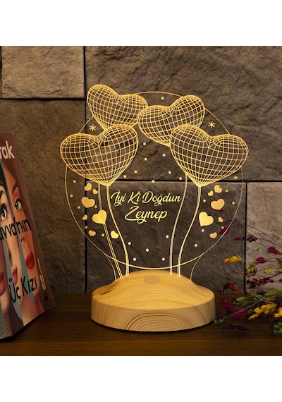 Doğum Günü Hediyesi, Sevgiliye, Arkadaşa İsimli Doğum Günü Hediyesi, Kişiye Özel Balon Kalpler Kişiye Özel 3D Led Lamba