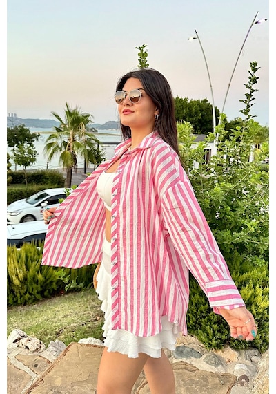 Pembe Renk Yaka Taş Detaylı Gofre Dokulu Çizgili Gömlek Pembe