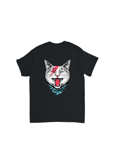 Paybuy Erkek Baskılı Tişört Kedi Motifi Şimşek Çakması Bandana Detaylı R Siyah