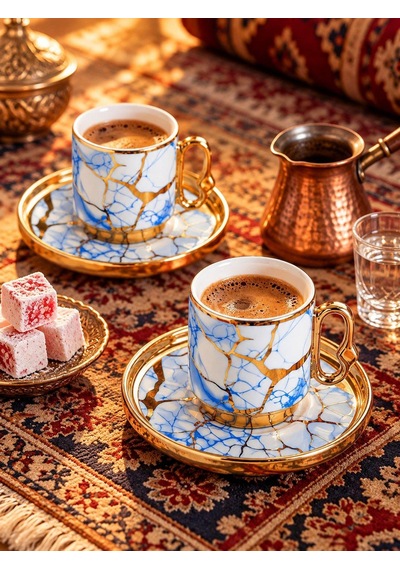 Valkyrie 12 Parça 6 Kişilik 80 Ml Türk Kahvesi Fincan Takımı Mavi Gold Mermer Desenli K653 Mavi