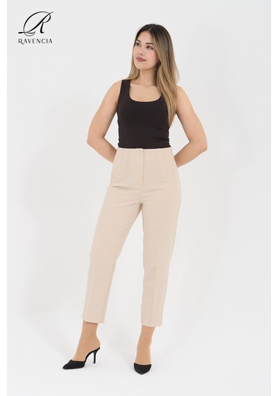 Kadın Model Yüksek Bel Kumaş Koyu Krem Pantolon
