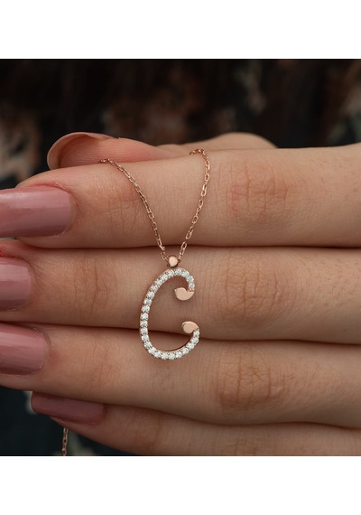 925 Ayar C Harfi Kolye Kadın Gümüş Kolye Rose Gold