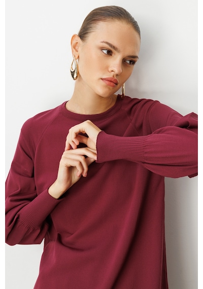 Mizalle Premium Rayon Balon Kol Mürdüm Triko Kazak Mürdüm