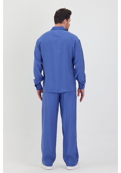 Erkek Oversize Rahat Kalıp Gömlek-pantolon Alt-üst Takım Saks Mavi