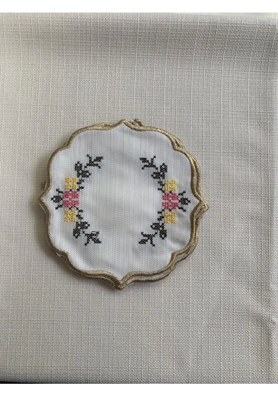 Nivemeshome Kanaviçe Nakışlı Sarı-pembe Oval 6 Adet Keten Kokteyl Peçetesi Kahve Yanı Sunumluk Çok Renkli