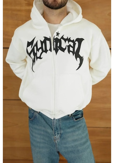 Mzpkartan Erkek Kapüşonlu Sweatshirt Hoodie 3 İplik Şardonlu Pamuklu Kumaş, Önü Baskılı, Fermuarlı Rahat Kalıp Siyah