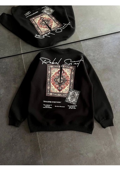 Velmora Fashion Kadın Bisiklet Yaka Kilim Halı Baskılı 3 İplik Pamuklu Sweatshirt - Siyah