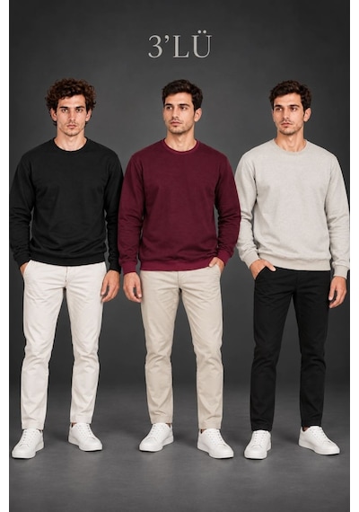 Erkek 3'lü Bisiklet Yaka İçi Şardonlu 2 İplik Düz Uzun Kollu Regular Fit Sweatshirt - Siyah - Bordo - Gri Çok Renkli