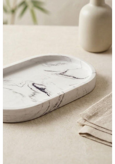 Mermer Desenli Oval Şık Sunum Kayık Tabağı-kahvaltılık Ve Dekoratif Servis Tabağı 23 Cm Beyaz